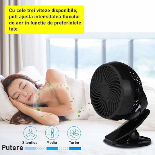 Siks Ventilator Portabil Cu Clip Pentru Birou Lounge Scaun Cărucior Reîncărcabil Baterie Usb Diametru 11 Cm 3 Viteze Negru