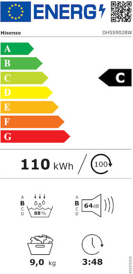 Hisense DH5S902BW Στεγνωτήριο 9kg με Αντλία Θερμότητας