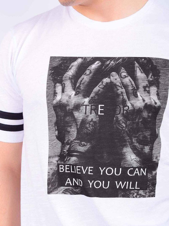 Tresor T-Shirt 100% Cotton Crew Neck With Stripes On Sleeves & Print Front Regular Fit 205023 White