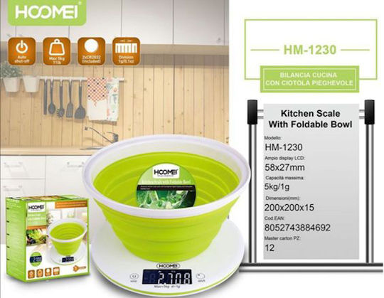 Hoomei Ψηφιακή Ζυγαριά Κουζίνας με Κάδο έως 5kg Πράσινη