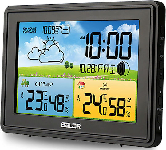 Wireless Weather Station IDL Baldr+ Outdoor Sensor Hygrometer Barometer Weather Forecast Moon Phases Comfort Level Icon Alarm Clock Backlit Display Black Color
