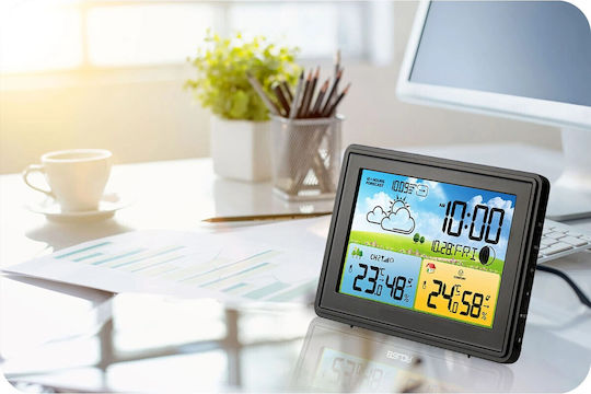 Stație meteo wireless Spring Idealstore cu senzor exterior, higrometru, barometru, prognoză meteo, fazele lunii, nivel de confort, ceas cu alarmă, ecran iluminat, culoare neagră