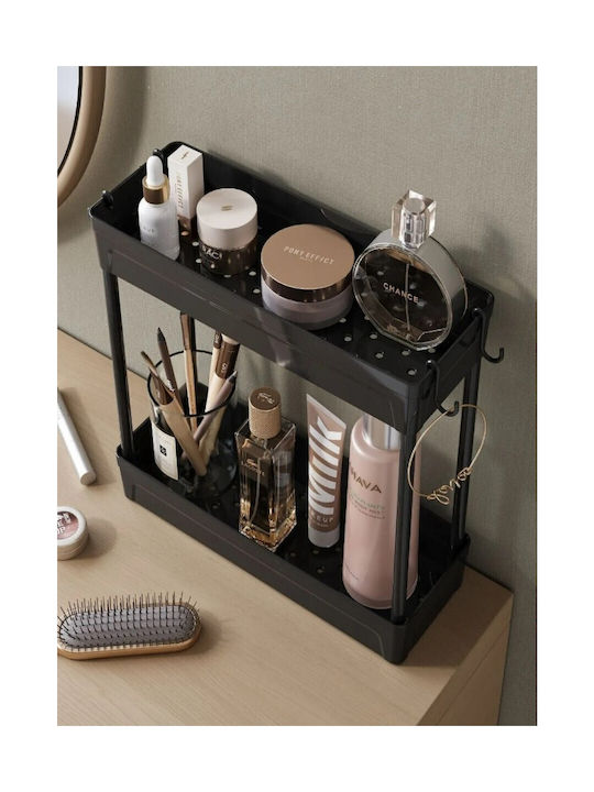 Femmit Multifunctional Sink Organizer Rack – 2-Tier Shelf with Hooks & Non-Slip Base Plastic Black 39x36x13 Cm