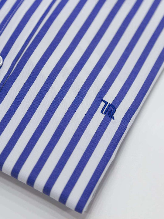 Long Sleeve Cotton Shirt in Regular Fit Striped Blue