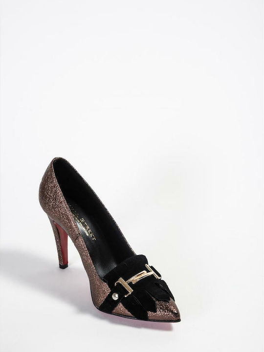 Leather Pointed Toe Brown Heels Bronze