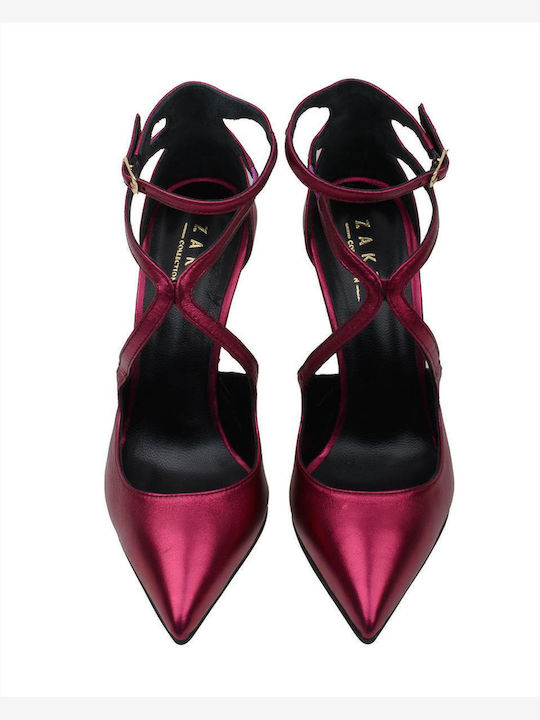 Leather Pointed Toe Fuchsia Heels with Strap