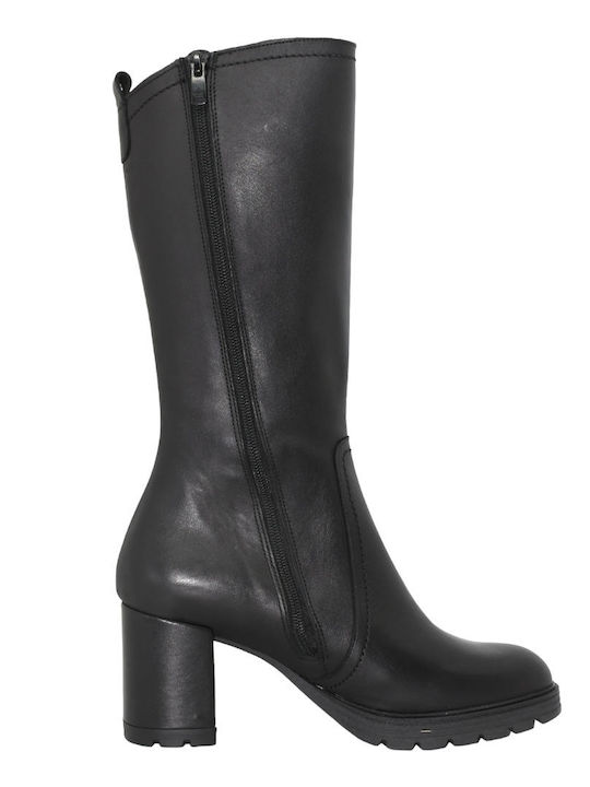 Leather Medium Heel Women's Boots with Zipper Black