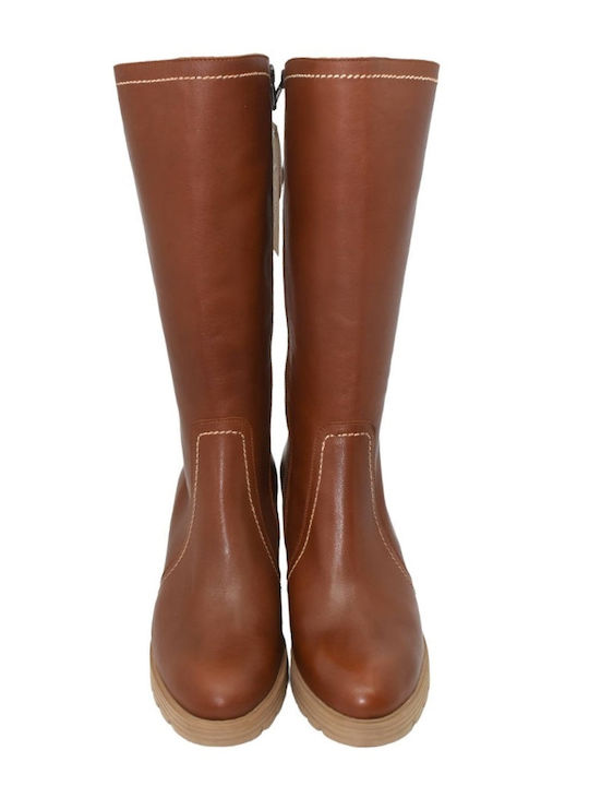 Leather Medium Heel Women's Boots with Zipper Brown
