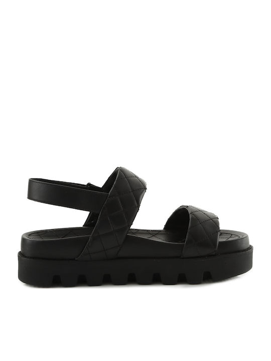 Δερμάτινα Γυναικεία Σανδάλια Flatforms Μαύρα
