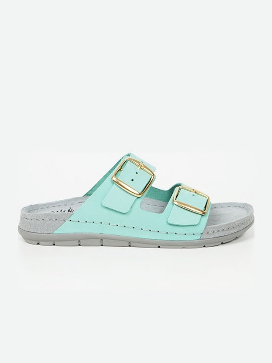 Leather Women's Flat Sandals in Turquoise Color