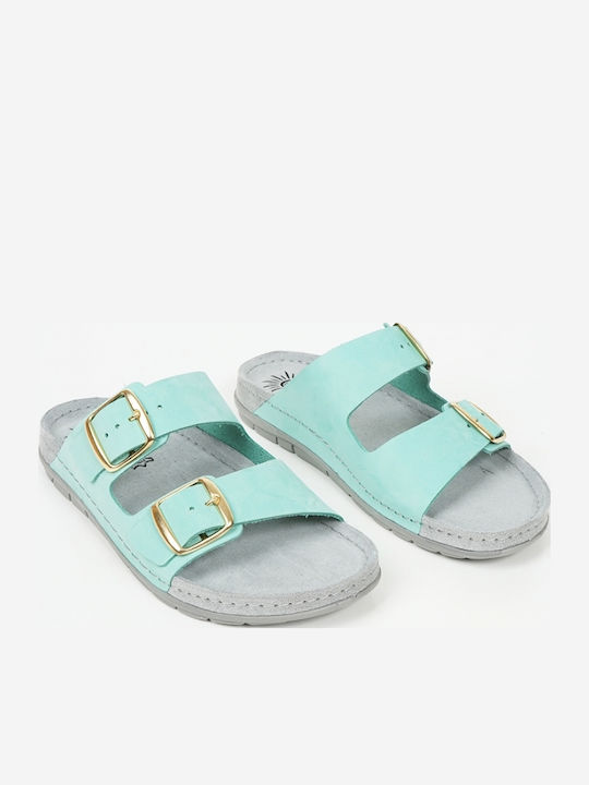 Leather Women's Flat Sandals in Turquoise Color