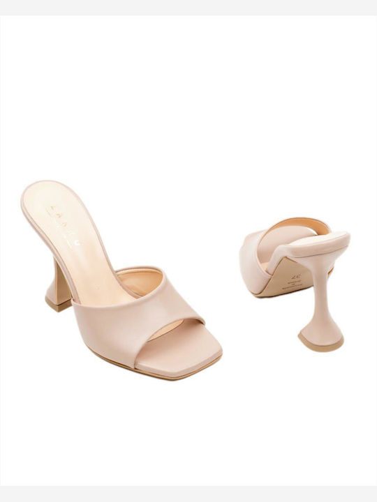 Leather Mules with Thin High Heel in Beige Color