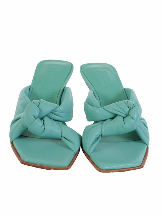 Leather Mules with Thin High Heel in Green Color