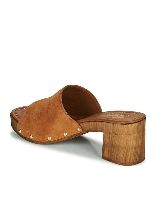 Lifou Mules με Χοντρό Ψηλό Τακούνι σε Καφέ Χρώμα
