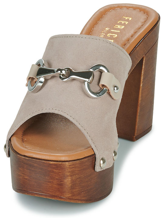 Mules mit Chunky Hoch Absatz in Beige Farbe