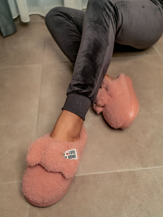 Coral Teddy Fur Slippers Bow
