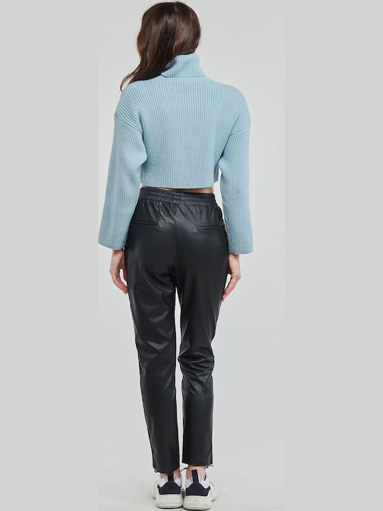 Damen Crop Top Rollkragenpullover Langarm Blau