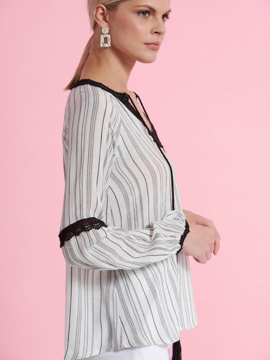 Women's Blouse Long Sleeve Black-White