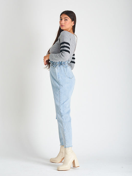 High Waist Women's Jean Trousers with Rips in Wide Line