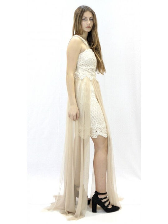 Maxi Dress for Wedding - Christening with Lace Beige