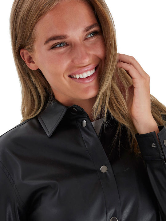 Langärmelig Damen Leder Hemd Black (80001/black) Monochrom
