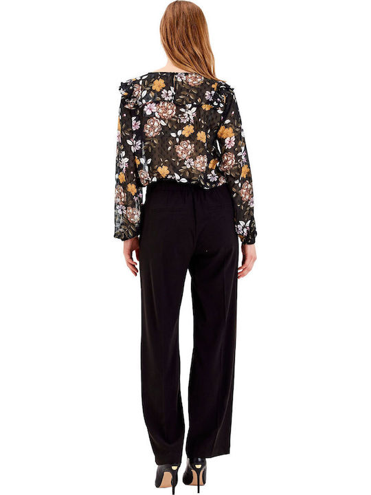 Langärmelig Damen Hemd Black Blumen