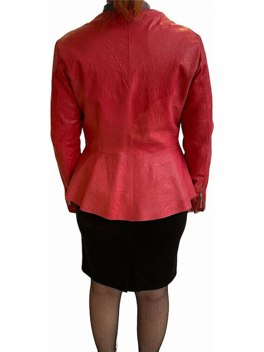 Women's Short Biker Leather Jacket for Winter Red