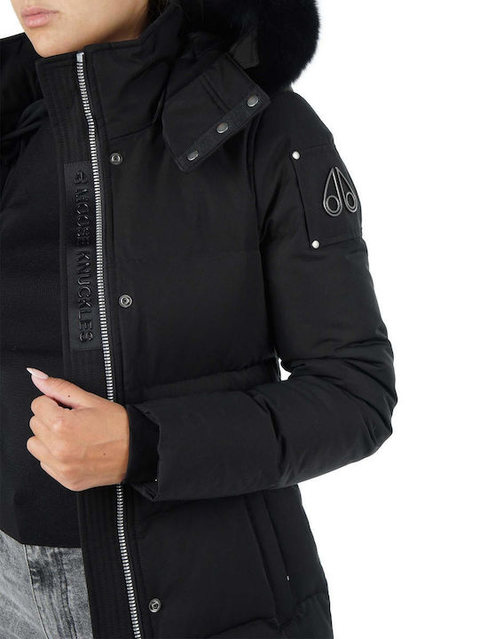 Women's Short Puffer Jacket for Winter with Detachable Hood Black