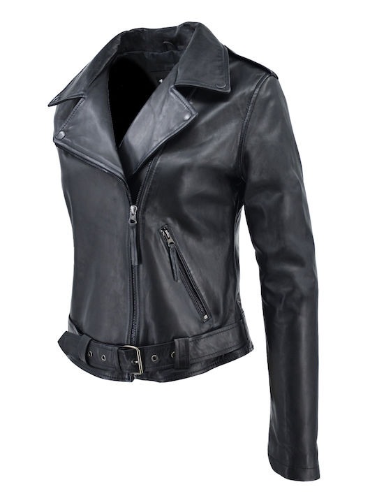 Women's Short Lifestyle Leather Jacket for Winter BLACK