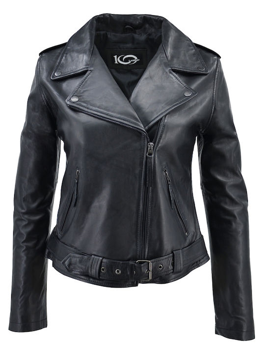 Women's Short Lifestyle Leather Jacket for Winter BLACK