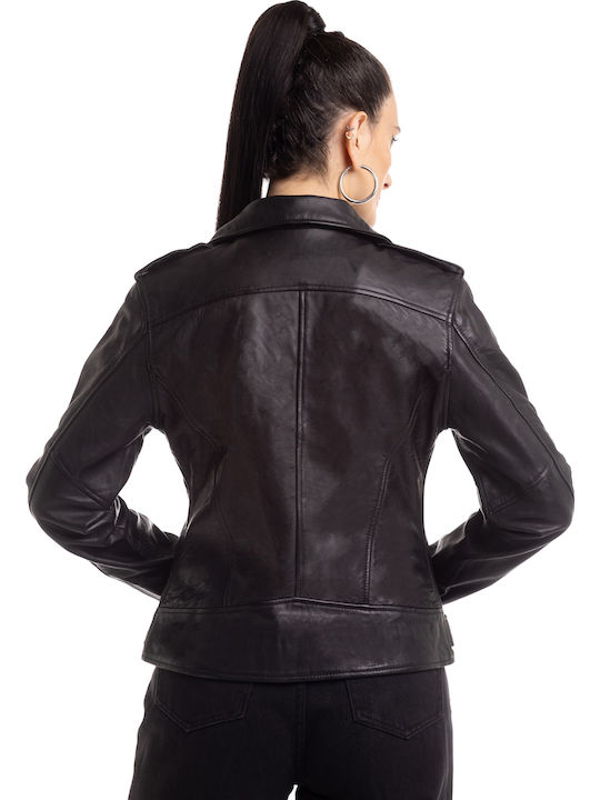 Women's Short Lifestyle Leather Jacket for Winter BLACK