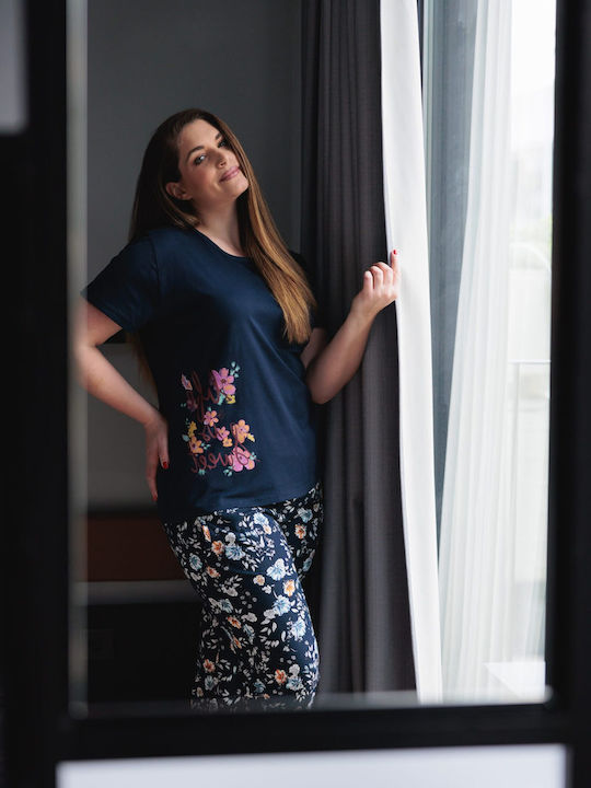 SNC Homewear Καλοκαιρινό Γυναικείο Σετ Πιτζάμας Βαμβακερό Μπλε