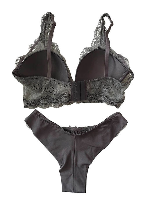 Jadea Lace Underwear Set with Bra & Brazil Gray