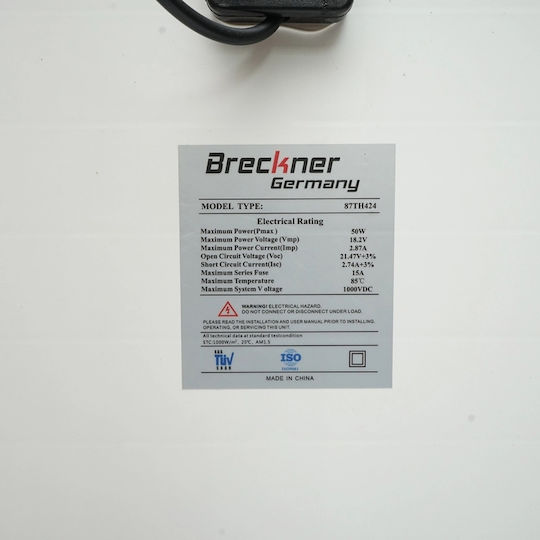 Breckner Μονοκρυσταλλικό Φωτοβολταϊκό Πάνελ 50W 400x670x25mm