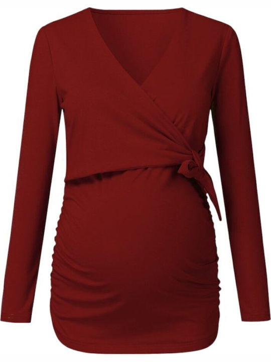 Women's Long Sleeve Nursing Maternity Top Burgundy Polyester-cotton