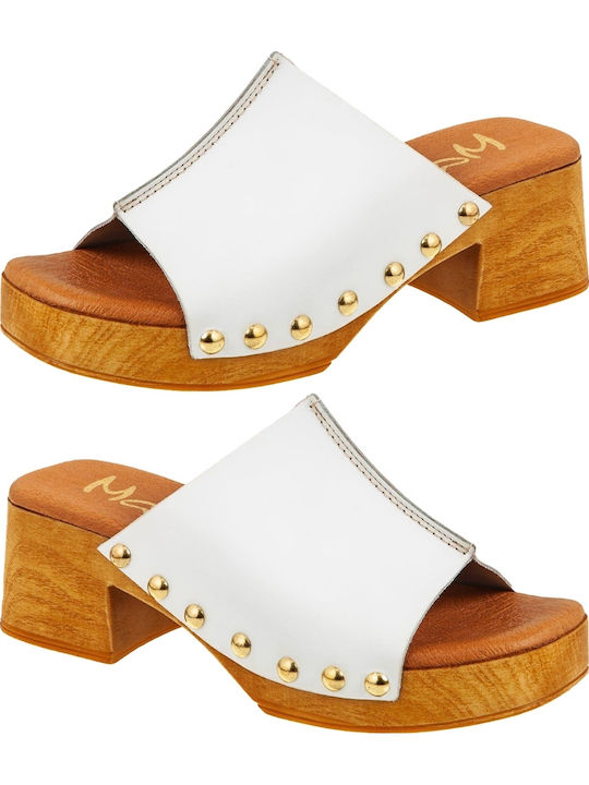 Leather Mules with Heel in White Color