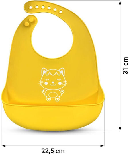 Bavetă pentru bebeluși Yellowkitty Idealstore din silicon moale, impermeabilă, cu buzunar pentru prinderea resturilor de mâncare, reglabilă la 6 niveluri, galbenă