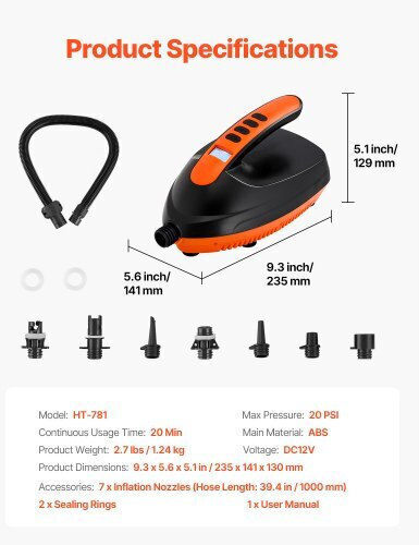 Vevor Pompă Electrică Pentru Placă SUP 20psi Pompă De Aer 12v Dc Cu Conector Auto