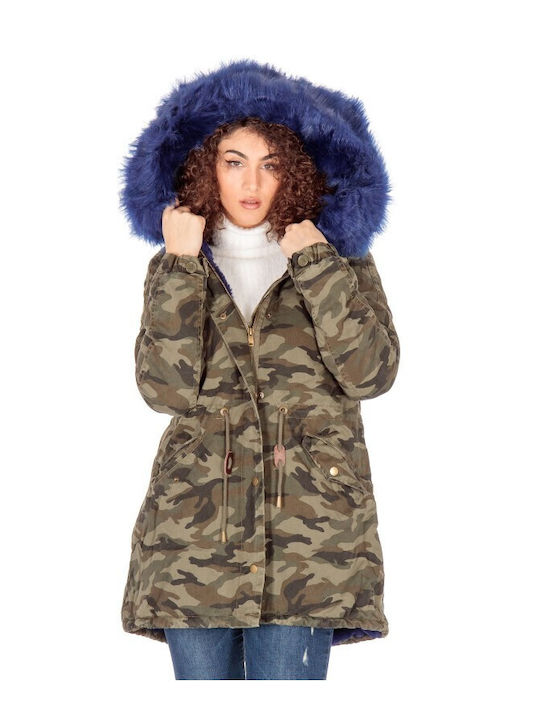 Lang Damen Parka Jacke mit pelziger Kapuze für Winter Blue prk-37249 (armbl)