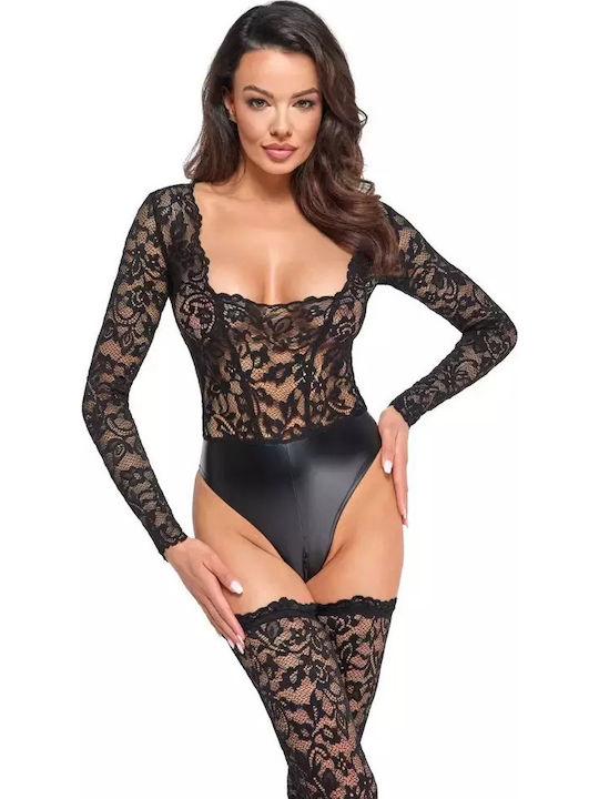 Noir Handmade Bodysuit Sexy Cu Transparență și Dantelă Negru