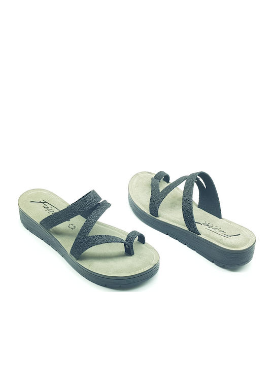 Leather Women's Flat Sandals in Black Color