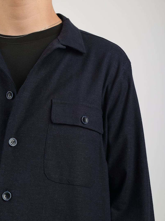 Μακρυμάνικo Λινό Overshirt σε Κανονική Γραμμή Μπλε