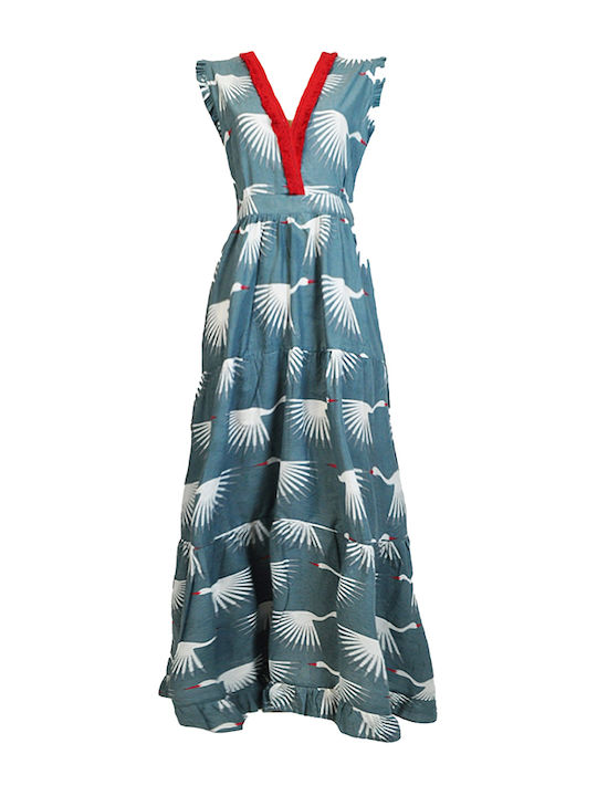 Damen Maxi Ärmelloses Kleid Handgefertigt 100% Baumwolle Blau