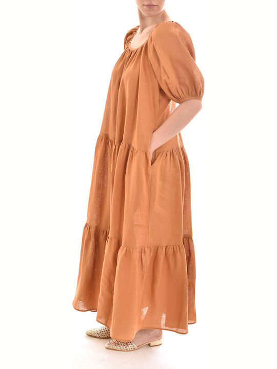 Milla Long Frilled Linen Dress Puffed Sleeves-chocola Καφέ S22m-130261-010