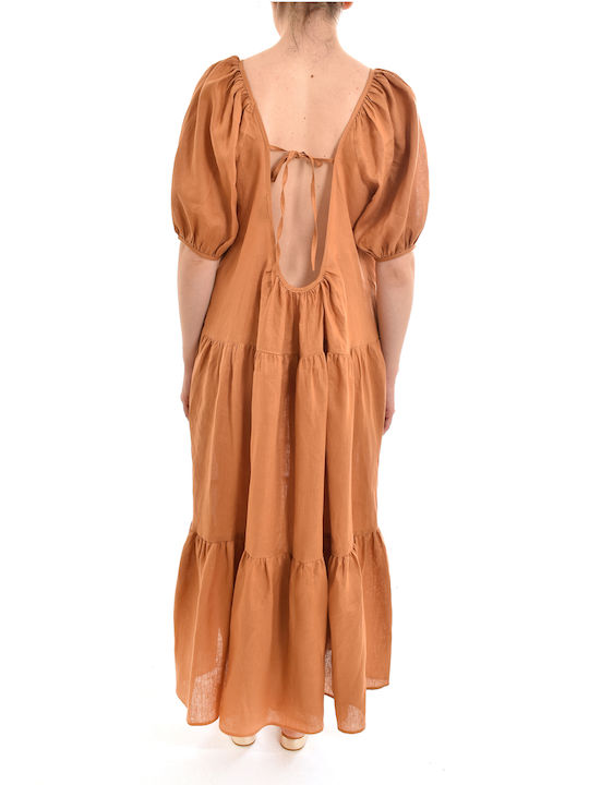 Milla Long Frilled Linen Dress Puffed Sleeves-chocola Καφέ S22m-130261-010