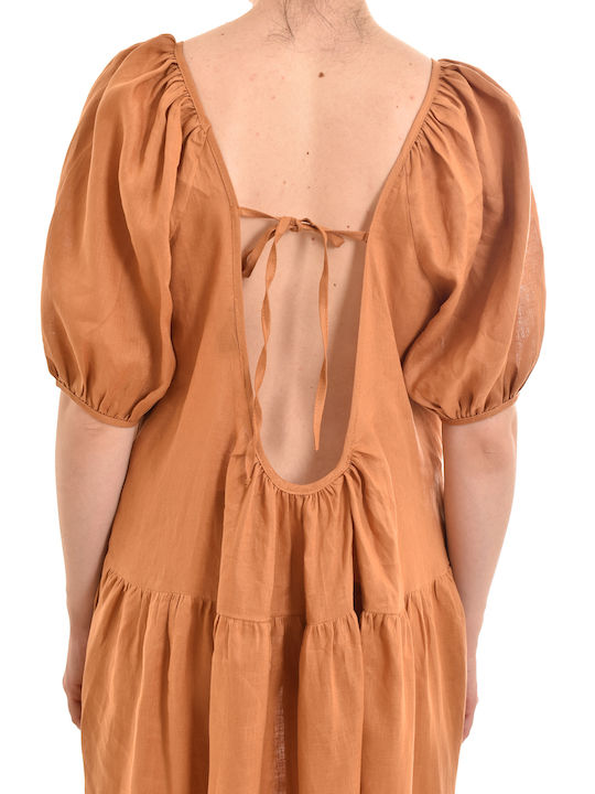 Milla Long Frilled Linen Dress Puffed Sleeves-chocola Καφέ S22m-130261-010