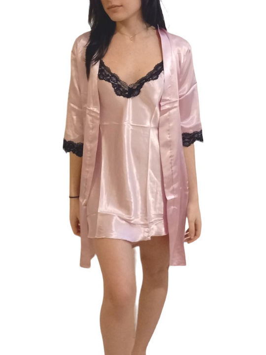 Satin Blue Short Sleeve Robe Set Nightgown with Straps
