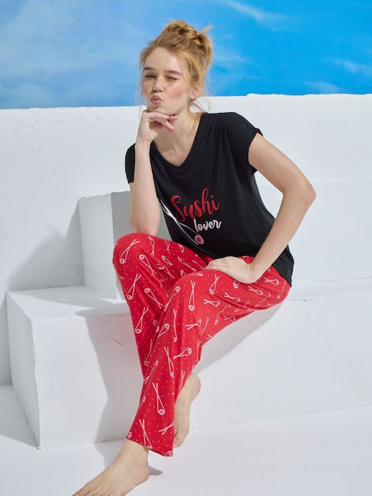 Pijamale Dama Pijamood Sushi Lover Viscoză Roșie Pijamale Dama Pijamood Sushi Lover Viscoză Roșie