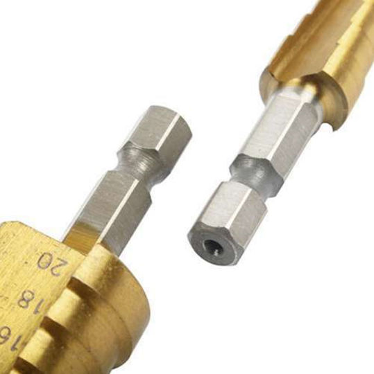 Set 3 Burghie Conice în Trepte Idealstore Oțel HHS Cozi de 6 mm Dimensiuni 4-12mm 3-12mm 4-20mm Include o Cutie de Depozitare Durabil și de Lungă Durată