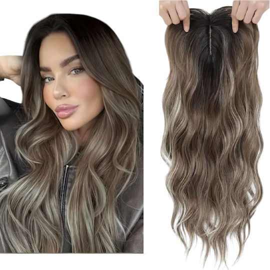 Topper Toupee De Păr Pentru Femei Cu Clip Suprafață Mare Culoare Castaniu Gri Cu Reflexii 18 Inch
